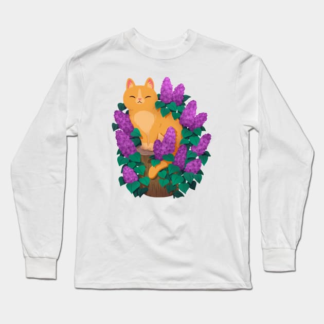 Orange kitty in some lilacs! Long Sleeve T-Shirt by MichelleScribbles